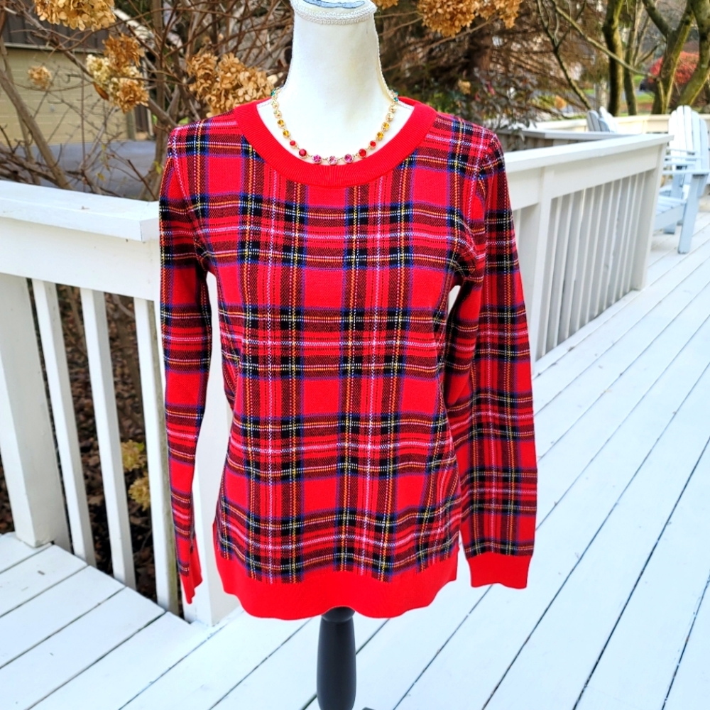New! J Crew sz XS X-Small Red Tartan Plaid Christmas Sweater Cotton NWT - Picture 6 of 13